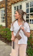 Load image into Gallery viewer, Clip & Go Crossbody Strap w/Zippered Pouch: Brown/Cream Chevron