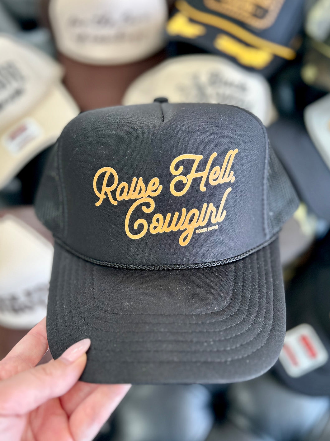 RAISE HELL COWGIRL TRUCKER HAT BLACK