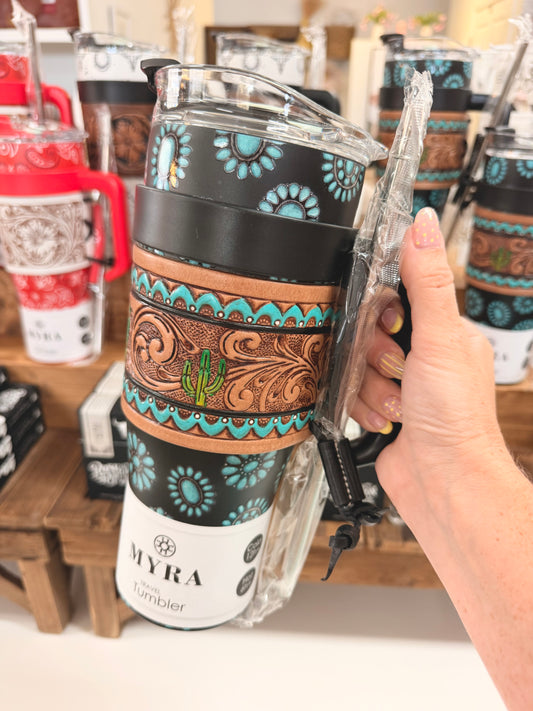 Concho Crest Western Tooled Tumbler W/Leather Wrap