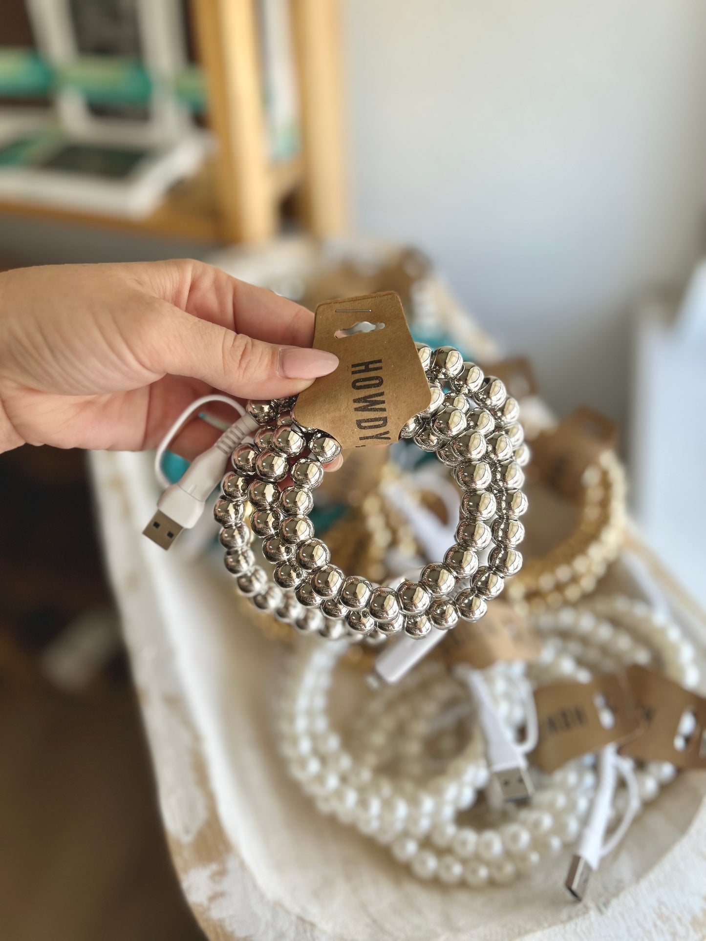 Silver Beaded Phone Charger 2-in-1