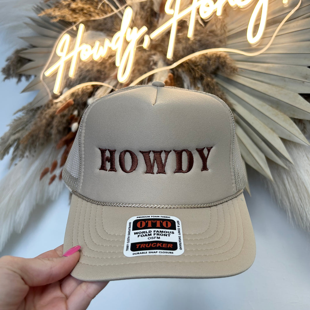 Howdy Trucker Hat |Embroidered| Tan