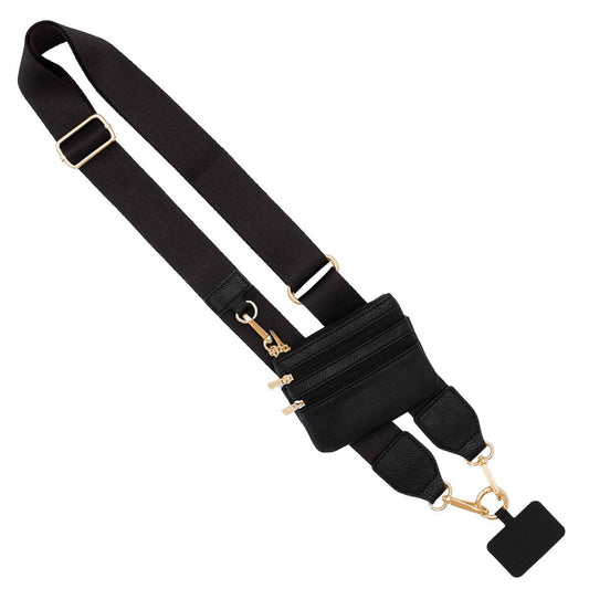 Clip & Go Phone Lanyard with Pouch - Neutral Collection: Black w/Gold Hardware