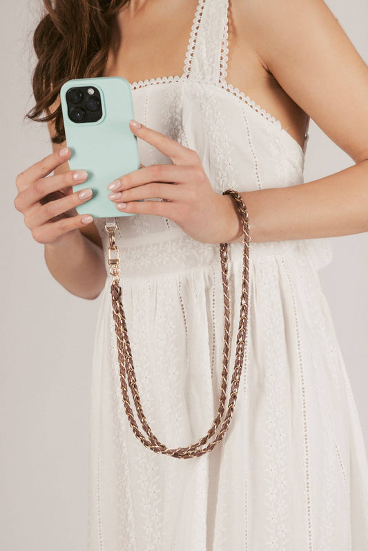 Woven Link Crossbody Phone Strap: Brown